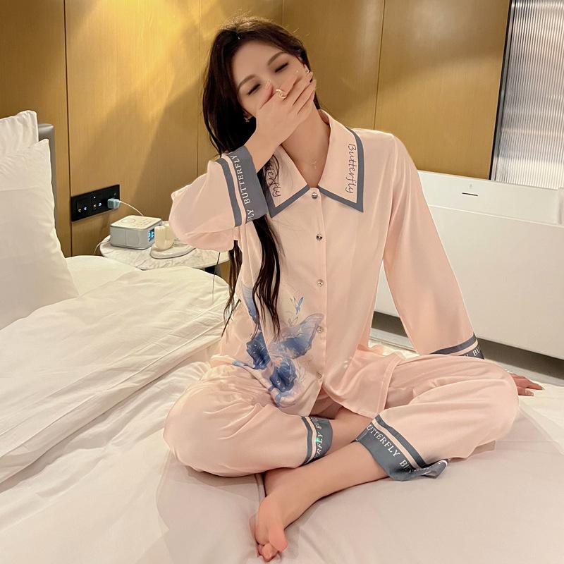 Bedruckter Pyjama aus Eisseide für Damen, Frühling und Sommer, langärmelige Satinhose mit Revers und Schmetterlingsdruck, Pyjama-Set XL von Joom DACH