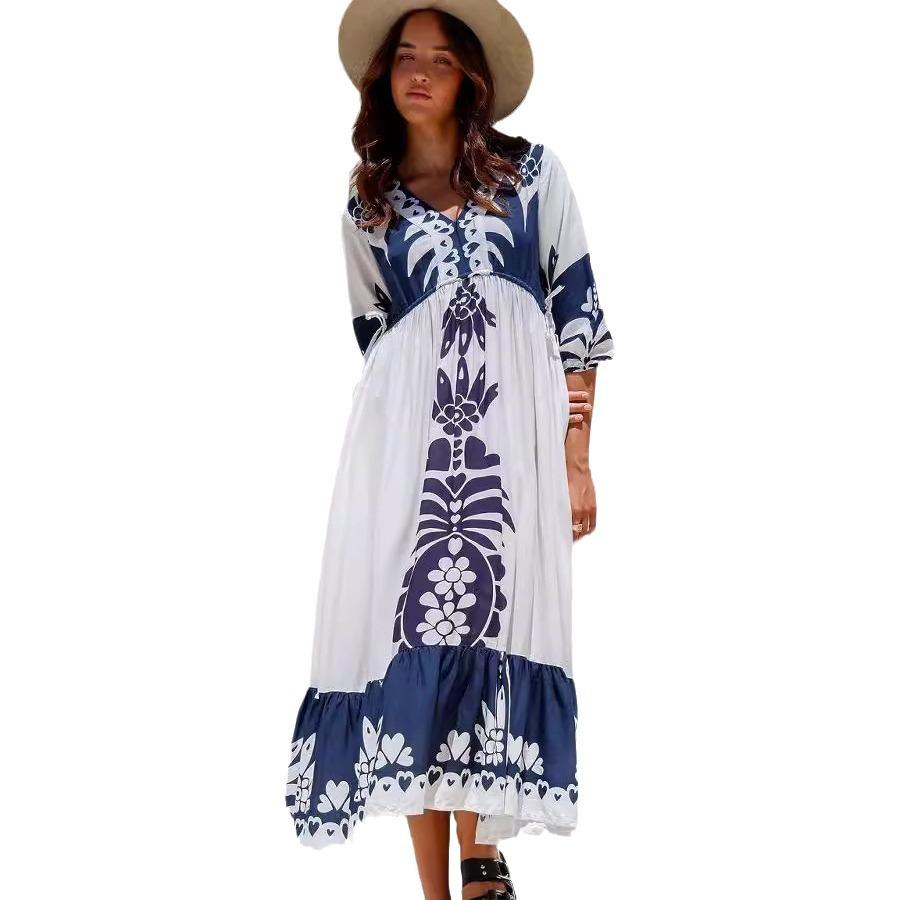 Bedrucktes Kleid mit Kordelzug für Damen mit Fünfviertelärmeln, locker und lässig XL von Joom DACH