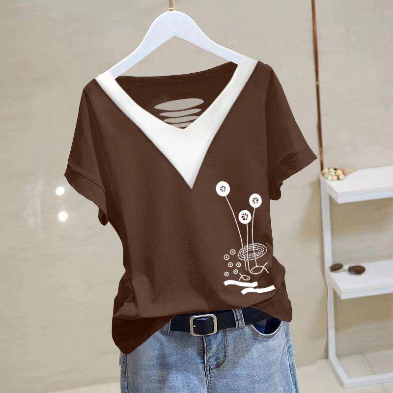 Bedrucktes Patchwork-T-Shirt mit ausgehöhlten Ärmeln und schmaler Passform für Damen, Sommermode, lässig, kurzes, vielseitiges Oberteil mit V-Ausschnitt XXXL von Joom DACH