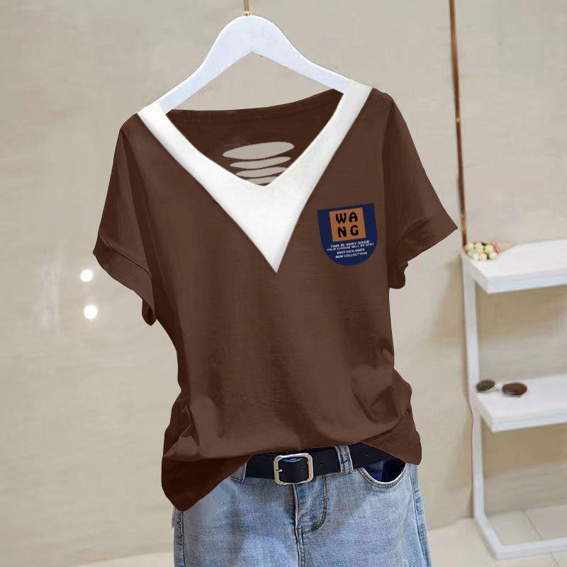 Bedrucktes Patchwork-T-Shirt mit ausgehöhlten Ärmeln und schmaler Passform für Damen, Sommermode, lässig, kurzes, vielseitiges Oberteil mit V-Ausschnitt XXXL von Joom DACH