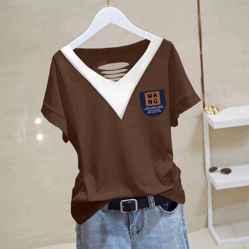 Bedrucktes Patchwork-T-Shirt mit ausgehöhlten Ärmeln und schmaler Passform für Damen, Sommermode, lässig, kurzes, vielseitiges Oberteil mit V-Ausschnitt XXXL von Joom DACH