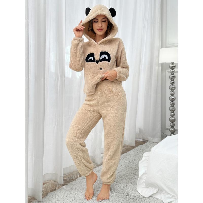 Beige Bär Damen-Pyjama-Sets Herbst Winter Lange Ärmel Lange Hosen Nachtwäsche mit Kapuze Flanell-Pyjamas Niedlicher Pyjama Weicher bequemer Pyjama XL von Joom DACH