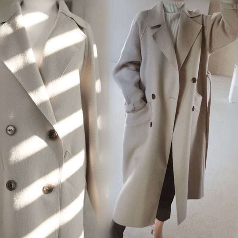 Beige Wolljacke Damen Herbst Winter Lässig Revers Lange Mäntel Weiblich Elegant Vintage Koreanisch Locker Übergroß Übermantel M beige von Joom DACH