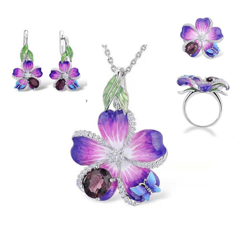 Beliebte Lila Schmetterling Emaille Schmuck Set Für Frauen Trendy Weibliche Halskette Ohrringe Ring Sets Hochzeit Party Zubehör von Joom DACH