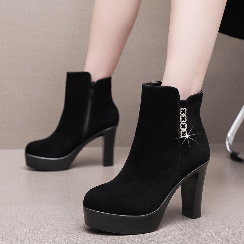 Beliebte Nubukleder Strass Schuhe Schwarzer Stiefel Damen Modische Stiefel Herbst Winter High Heel Stiefel Größe 32-43 43 schwarz von Joom DACH