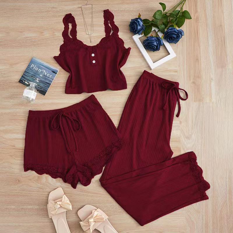 Beliebtes Damen Dreiteiliges Pyjama-Set mit Spitzenbesatz: Camisole, Shorts und lange Hose Medium von Joom DACH