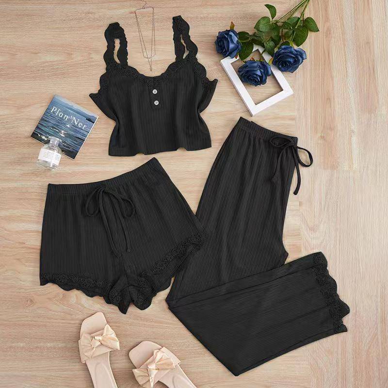 Beliebtes Damen Dreiteiliges Pyjama-Set mit Spitzenbesatz: Camisole, Shorts und lange Hose Medium von Joom DACH