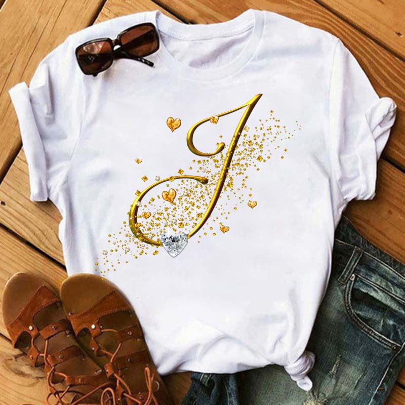 Benutzerdefinierter Name Buchstabe 3D Printe Damen T-Shirt Diamant Gold Buchstabe Schriftart ABCDEFG Schwarzes T-Shirt 5XL von Joom DACH