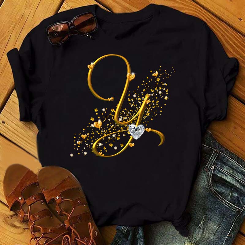 Benutzerdefinierter Name Buchstabe 3D Printe Damen T-Shirt Diamant Gold Buchstabe Schriftart ABCDEFG Schwarzes T-Shirt L von Joom DACH