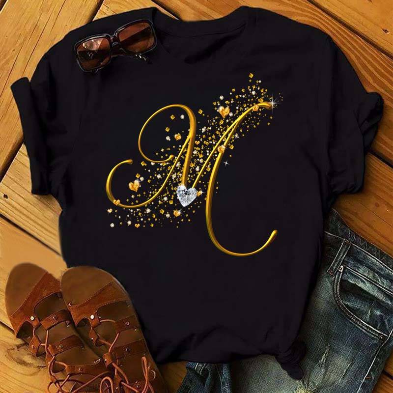 Benutzerdefinierter Name Buchstabe 3D Printe Damen T-Shirt Diamant Gold Buchstabe Schriftart ABCDEFG Schwarzes T-Shirt XXL von Joom DACH