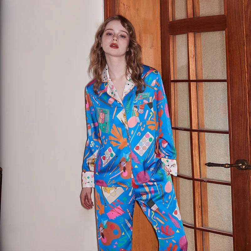 Bequemer Pyjama aus Eisseide für Damen mit Revers, Frühling und Sommer, langärmelig, Heimset XL von Joom DACH