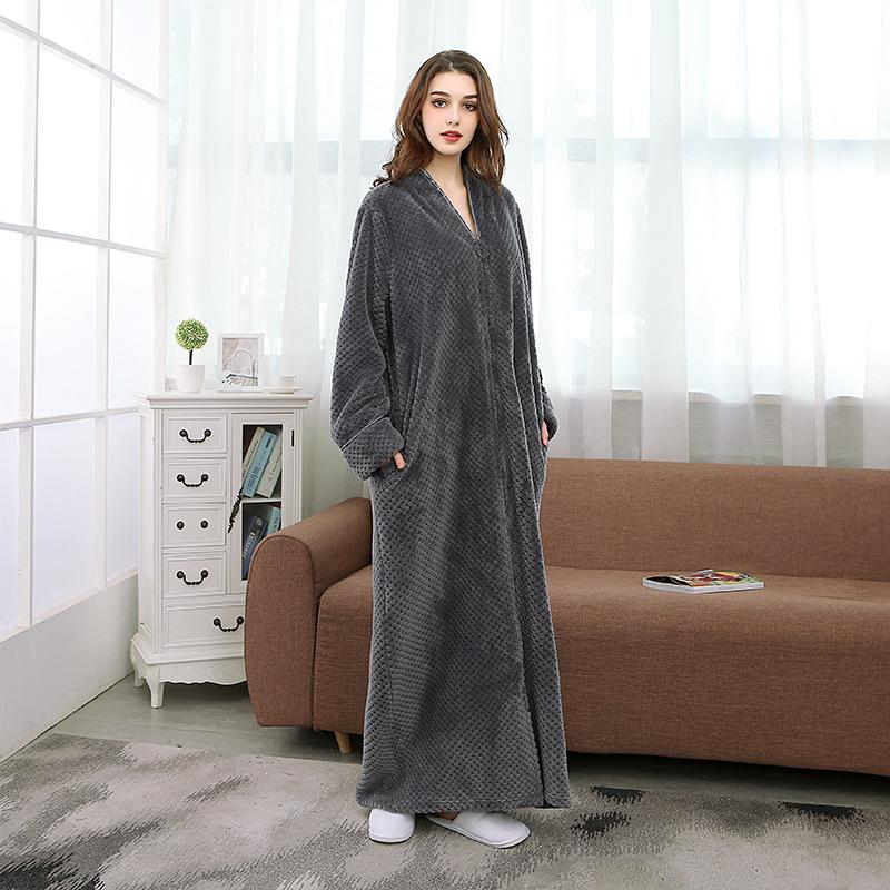 Bequemer langer Pyjama-Bademantel mit Reißverschluss für Damen, Loungewear, Fleece-Pyjama, Handtuch-Bademantel für Damen M von Joom DACH