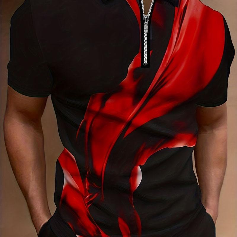 Bequemes, lässiges Herren-Poloshirt mit 3D-Druck und kurzen Ärmeln im Reißverschlussdesign für den Sommer im Freien 2XL rot von Joom DACH