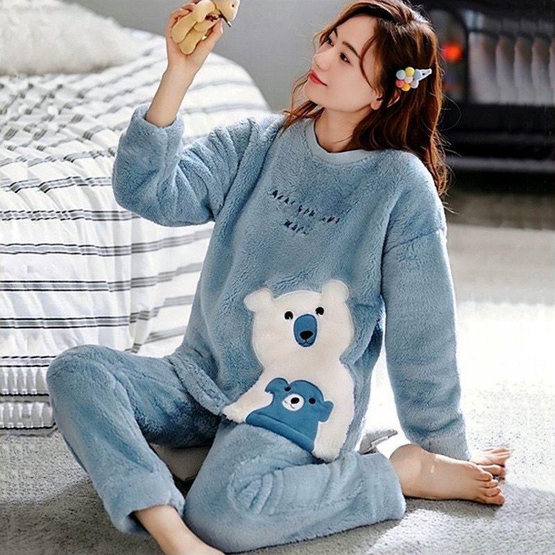 Bequemes Pyjama-Flanell-Set für Damen, warme Heimkleidung aus Korallensamt für Herbst/Winter M von Joom DACH