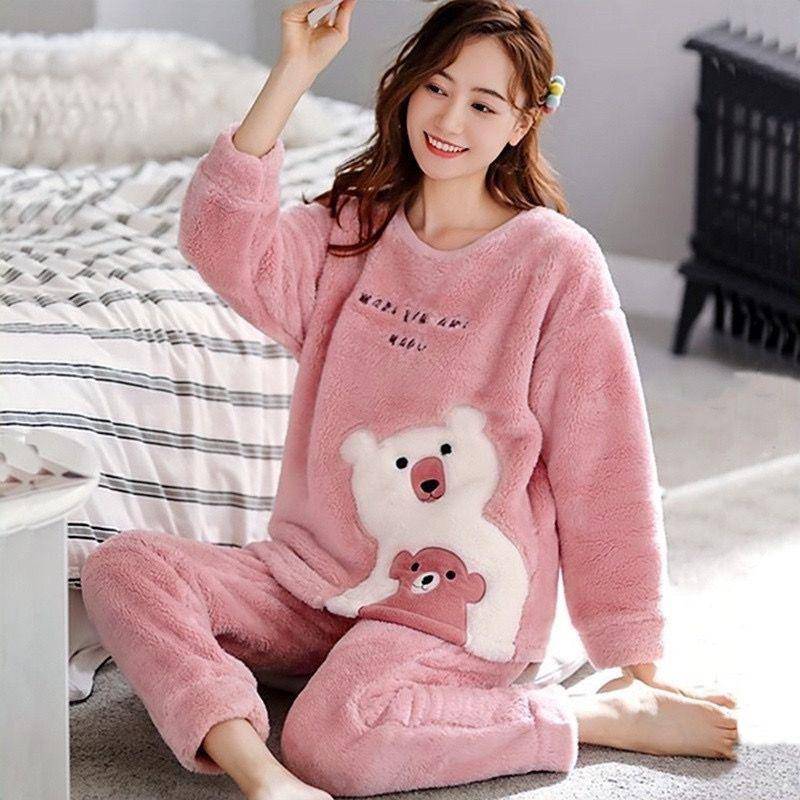 Bequemes Pyjama-Flanell-Set für Damen, warme Heimkleidung aus Korallensamt für Herbst/Winter M von Joom DACH