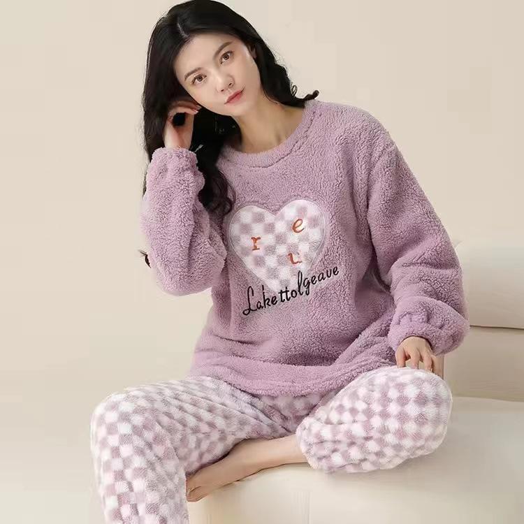 Bequemes Pyjama-Flanell-Set für Damen, warme Heimkleidung aus Korallensamt für Herbst/Winter XXL von Joom DACH