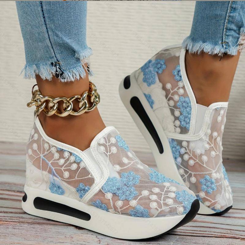Bestellen Sie eine Größe größer, Plateau-Wedges-Damen-Sneakers, Blumenstickerei-Mesh-Sneakers für Damen, zum Hineinschlüpfen, lässige, bequeme Schuhe mit Absatz für Damen 37 blau von Joom DACH