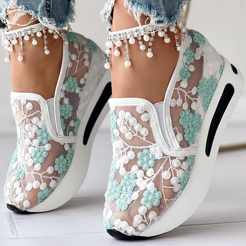 Bestellen Sie eine Größe größer, Plateau-Wedges-Damen-Sneakers, Blumenstickerei-Mesh-Sneakers für Damen, zum Hineinschlüpfen, lässige, bequeme Schuhe mit Absatz für Damen 38 grün von Joom DACH