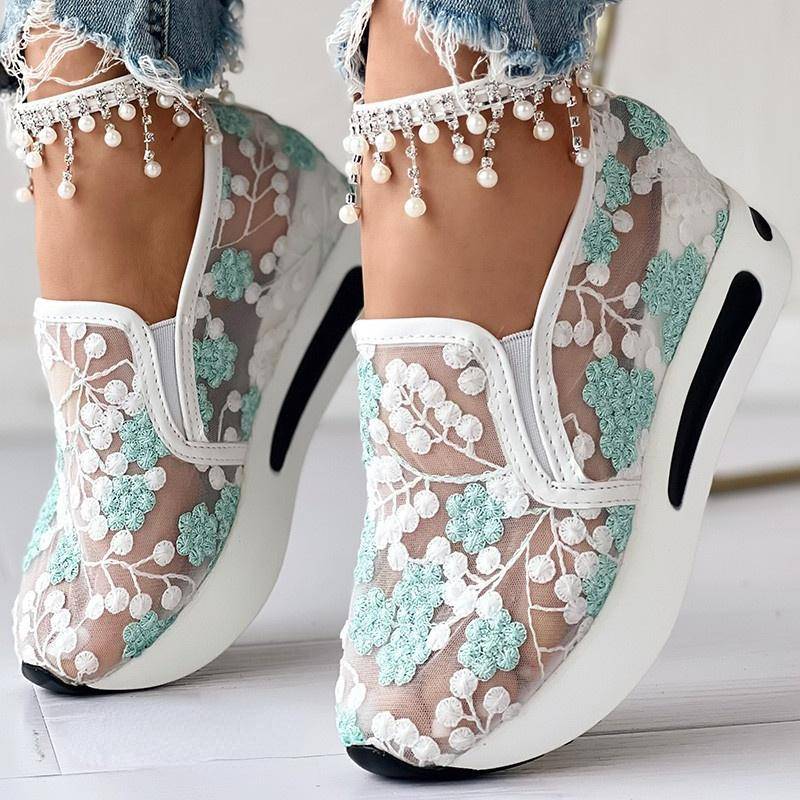 Bestellen Sie eine Größe größer, Plateau-Wedges-Damen-Sneakers, Blumenstickerei-Mesh-Sneakers für Damen, zum Hineinschlüpfen, lässige, bequeme Schuhe mit Absatz für Damen 38 grün von Joom DACH