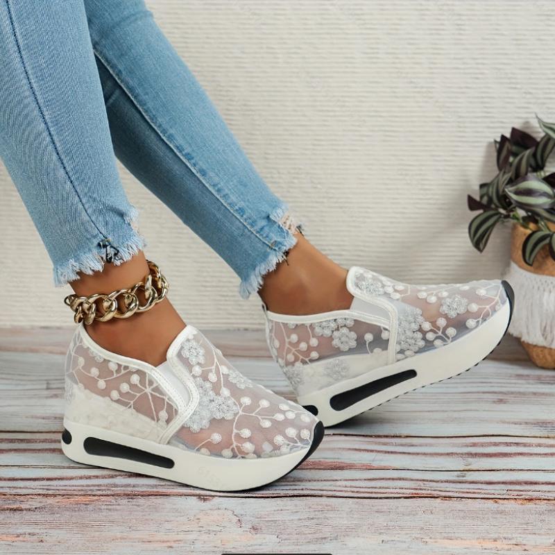 Bestellen Sie eine Größe größer, Plateau-Wedges-Damen-Sneakers, Blumenstickerei-Mesh-Sneakers für Damen, zum Hineinschlüpfen, lässige, bequeme Schuhe mit Absatz für Damen 39 weiß von Joom DACH