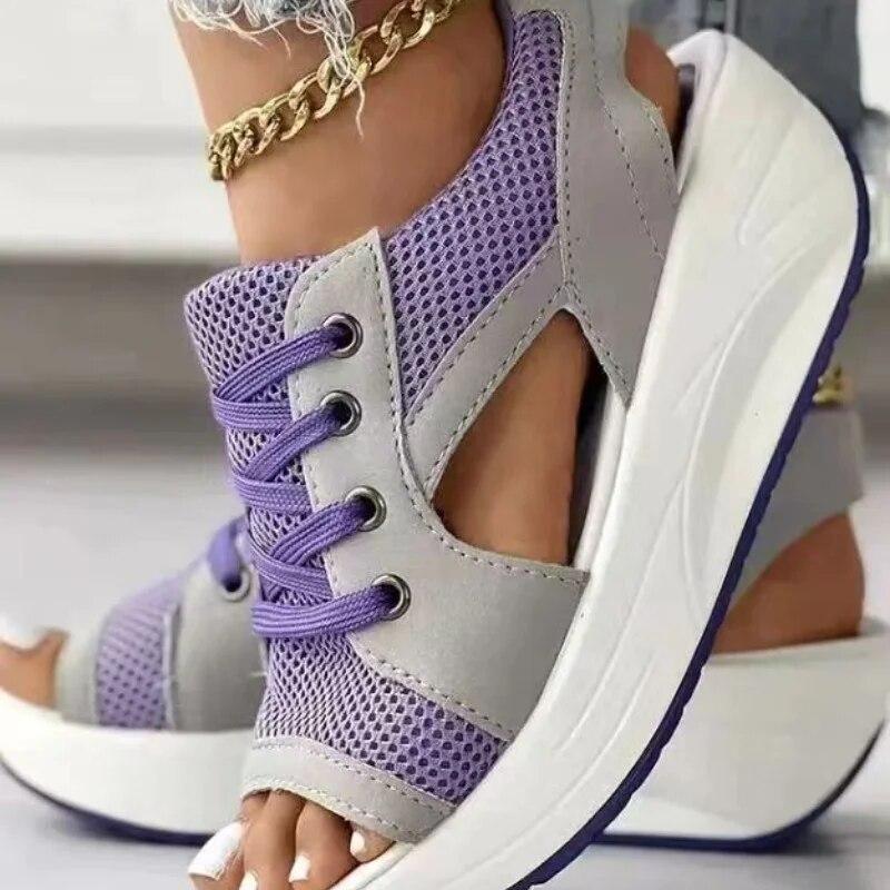 Bestellen Sie eine Nummer größer Mode Damen Sandalen Sommer Neue Dame Plateau Chunky Bequem Mesh Offene Spitze Casual Sport Damen Schuhe Plus Größe 43 38 violett von Joom DACH