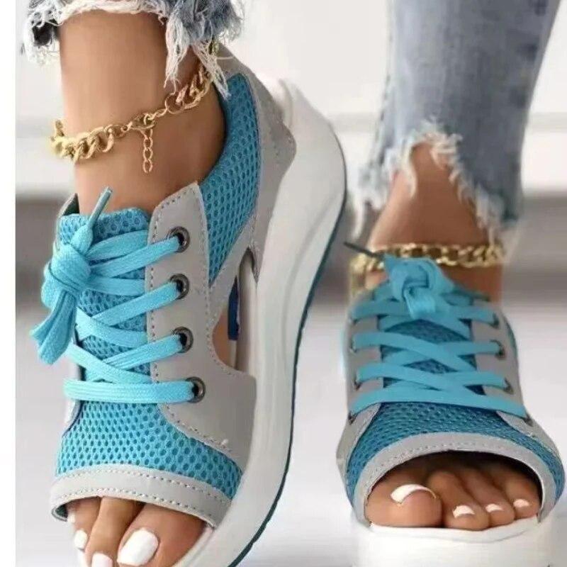 Bestellen Sie eine Nummer größer Mode Damen Sandalen Sommer Neue Dame Plateau Chunky Bequem Mesh Offene Spitze Casual Sport Damen Schuhe Plus Größe 43 39 blau von Joom DACH