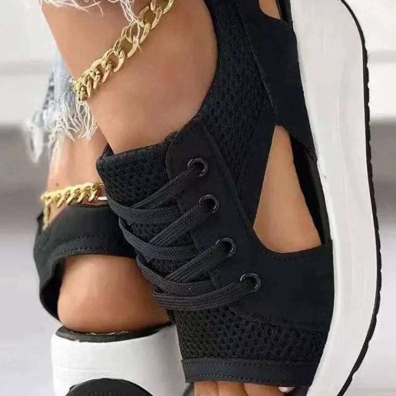 Bestellen Sie eine Nummer größer Mode Damen Sandalen Sommer Neue Dame Plateau Chunky Bequem Mesh Offene Spitze Casual Sport Damen Schuhe Plus Größe 43 41 schwarz von Joom DACH