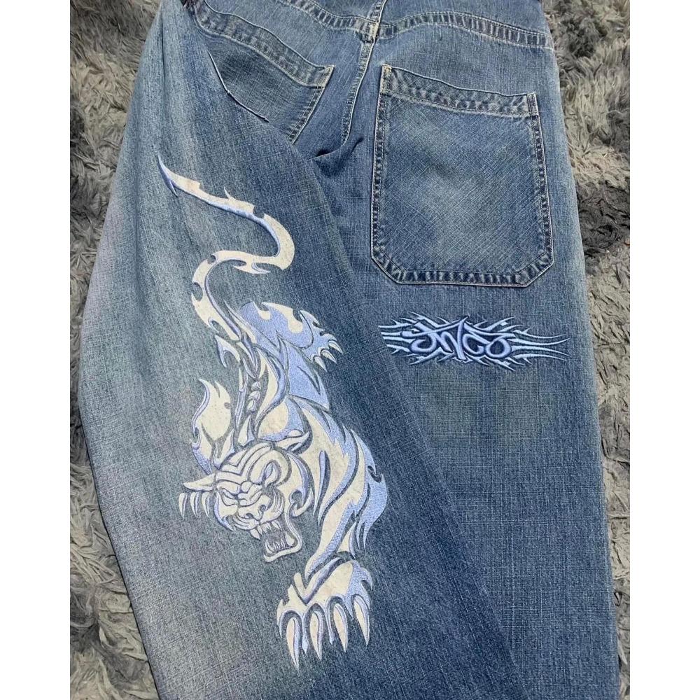 Bestickte Baggy-Jeans, Y2K-Kleidung, Herren und Damen, Harajuku, Hip Hop, bestickte Vintage-Blau-Baggy-Jeans, Low Rise, Hose mit weitem Bein XXL von Joom DACH