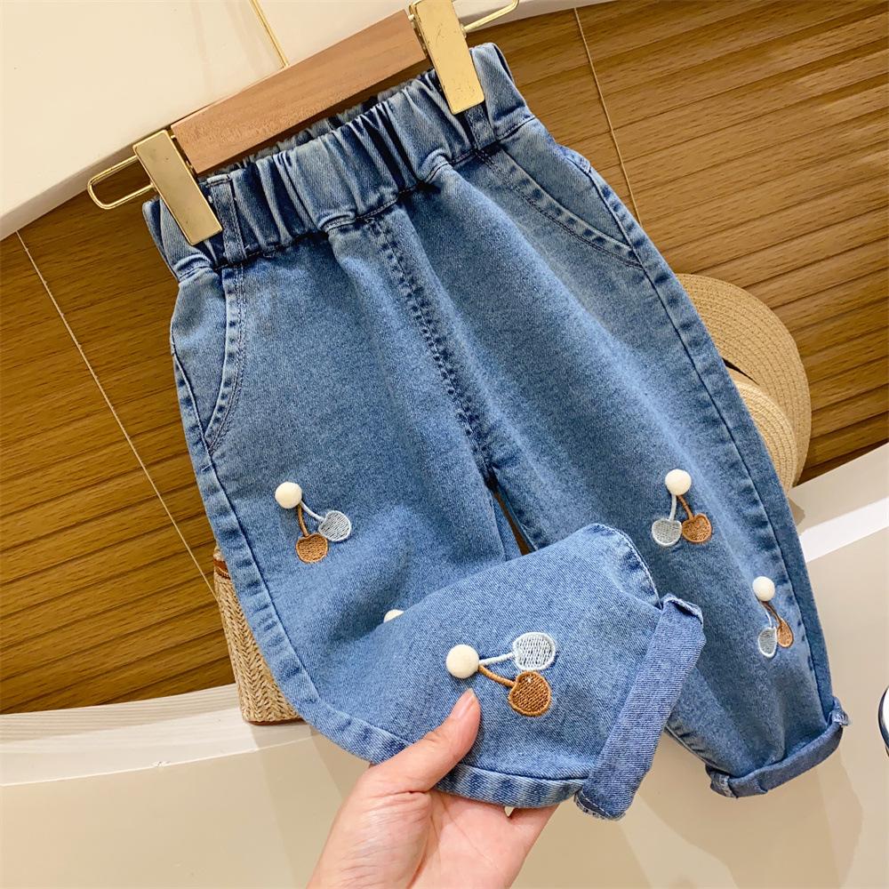 Bestickte Blumenmädchen-Jeans, Baby-Jeans für Jungen, Kinder-Jeans, Mädchen-Hosen, Daduhey-Hose mit weitem Bein, Haremshose, Kleiderunterteile 90cm von Joom DACH