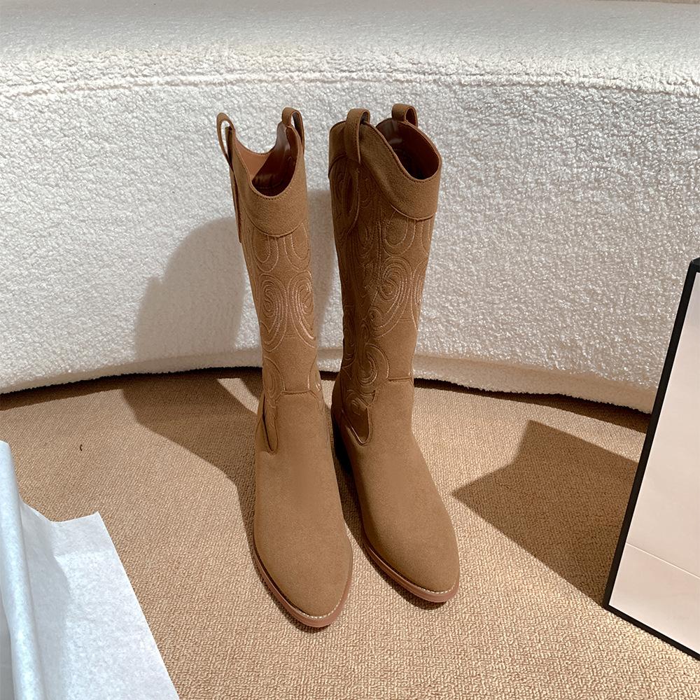 Bestickte Vintage-Western-Cowboystiefel mit V-Schnitt, schmaler aussehender High Heel, lange Bikerstiefel mit dickem Absatz, hohe Stiefel für Damen 43 von Joom DACH