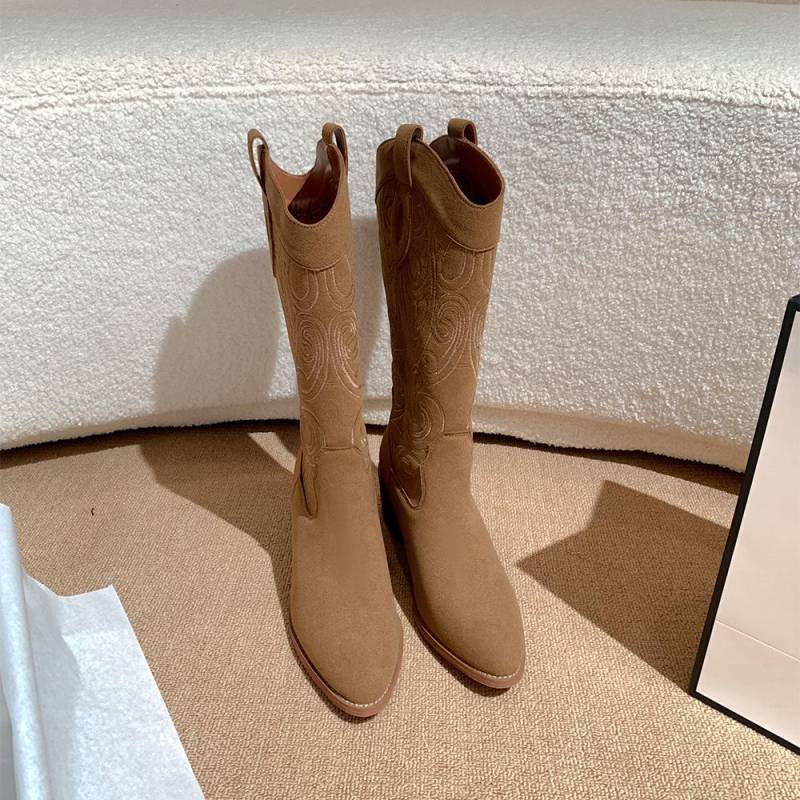 Bestickte Vintage-Western-Cowboystiefel mit V-Schnitt, schmaler aussehender High Heel, lange Bikerstiefel mit dickem Absatz, hohe Stiefel für Damen 43 von Joom DACH