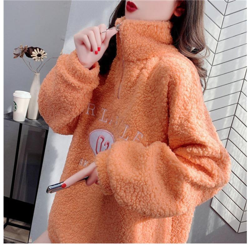 Besticktes Sweatshirt aus Lammfellimitat für Damen für Herbst und Winter, lässig, halbochgeschlossener Kragen, Reißverschluss, vielseitig, verdickt, warmes Oberteil 2XL orange von Joom DACH