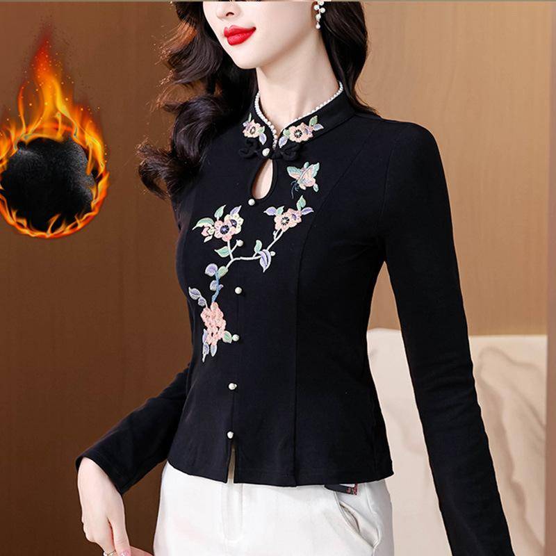 Besticktes T-Shirt für Damen mit langen Ärmeln und Winter-Neuheiten aus dickem Fleece, eng anliegendes Unterhemd 3XL von Joom DACH