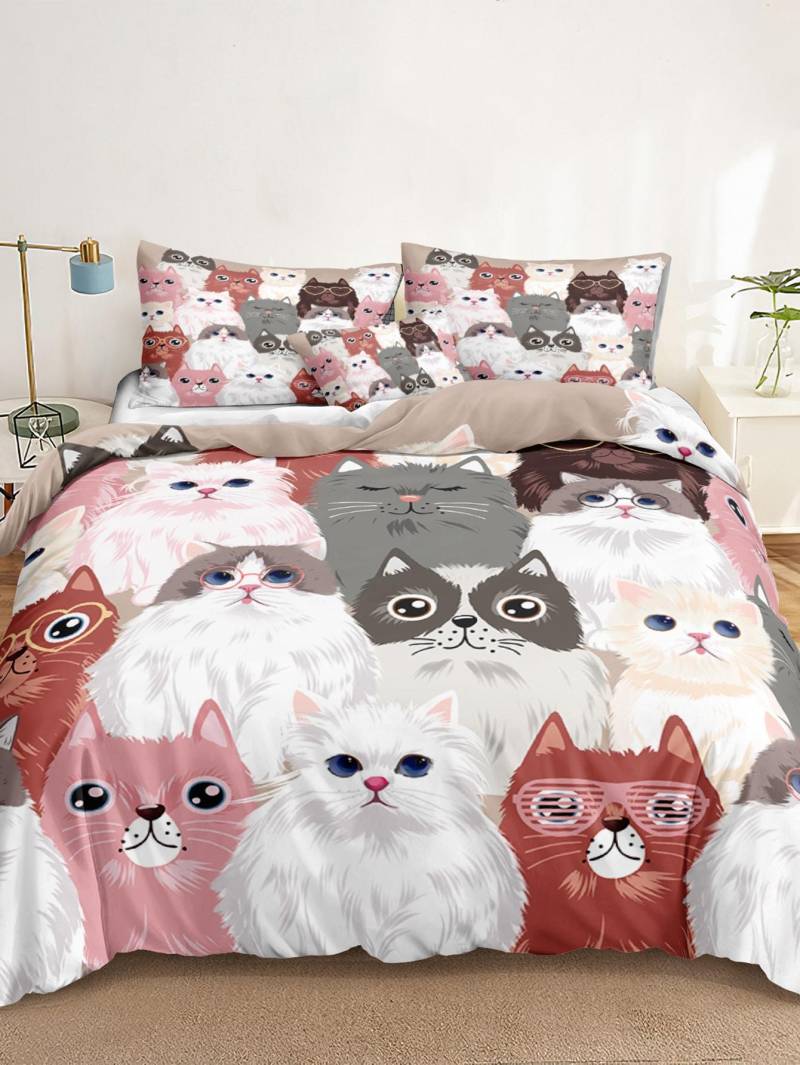 Bettbezug-Set mit Katzenmotiv, Queensize, 100 % Baumwolle, 1 Bettdeckenbezug und 2 Kissenbezüge für Kinder, Teenager, Jungen und Mädchen 200X200cm von Joom DACH