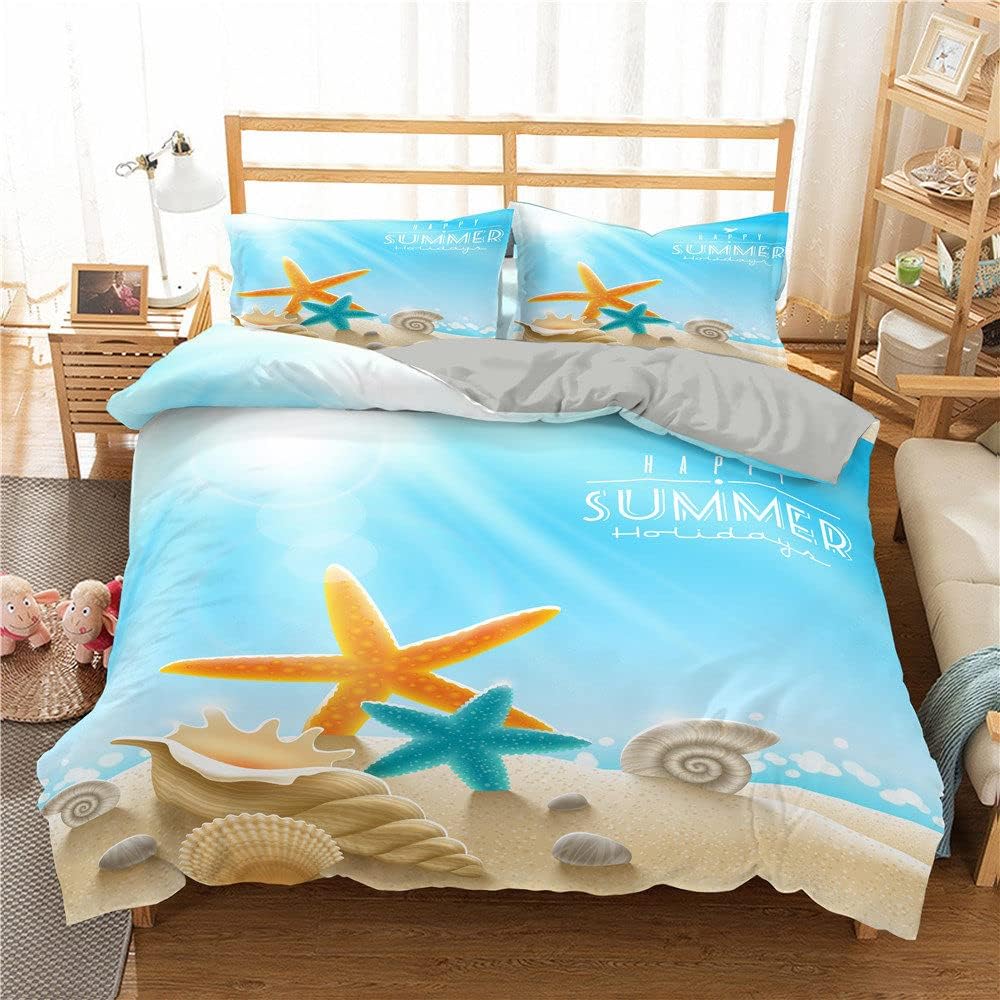 Bettbezug-Set mit Sommerferien-Motiv, King- und Queen-Size-Größe, Strandmuschel, Seestern, Bettbezug für Kinder, Jungen und Mädchen, Polyester-Bettwäsche-Set 135x200cm 2pcs von Joom DACH