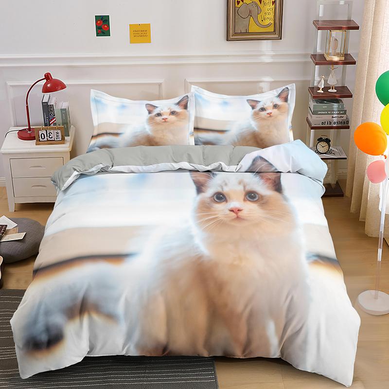 Bettbezug mit kleiner Katze, King-Queen-Size, 3D-Bettwäscheset mit süßem Kätzchen, grau, für Erwachsene, schönes Tier, 2/3-teilig, Polyester-Bettbezug EU single(135x200cm) von Joom DACH