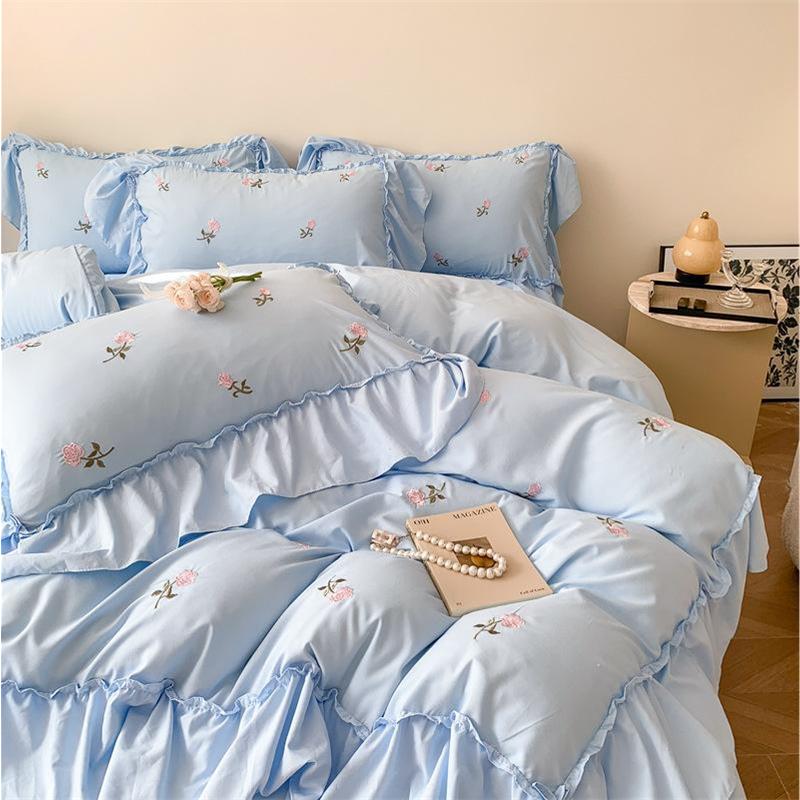 Bettbezug und Laken aus gewaschener Baumwolle, 4-teilig, für Mädchen, Rüschen, Spitze, Stickerei, 3-teiliges Set 2.0m von Joom DACH