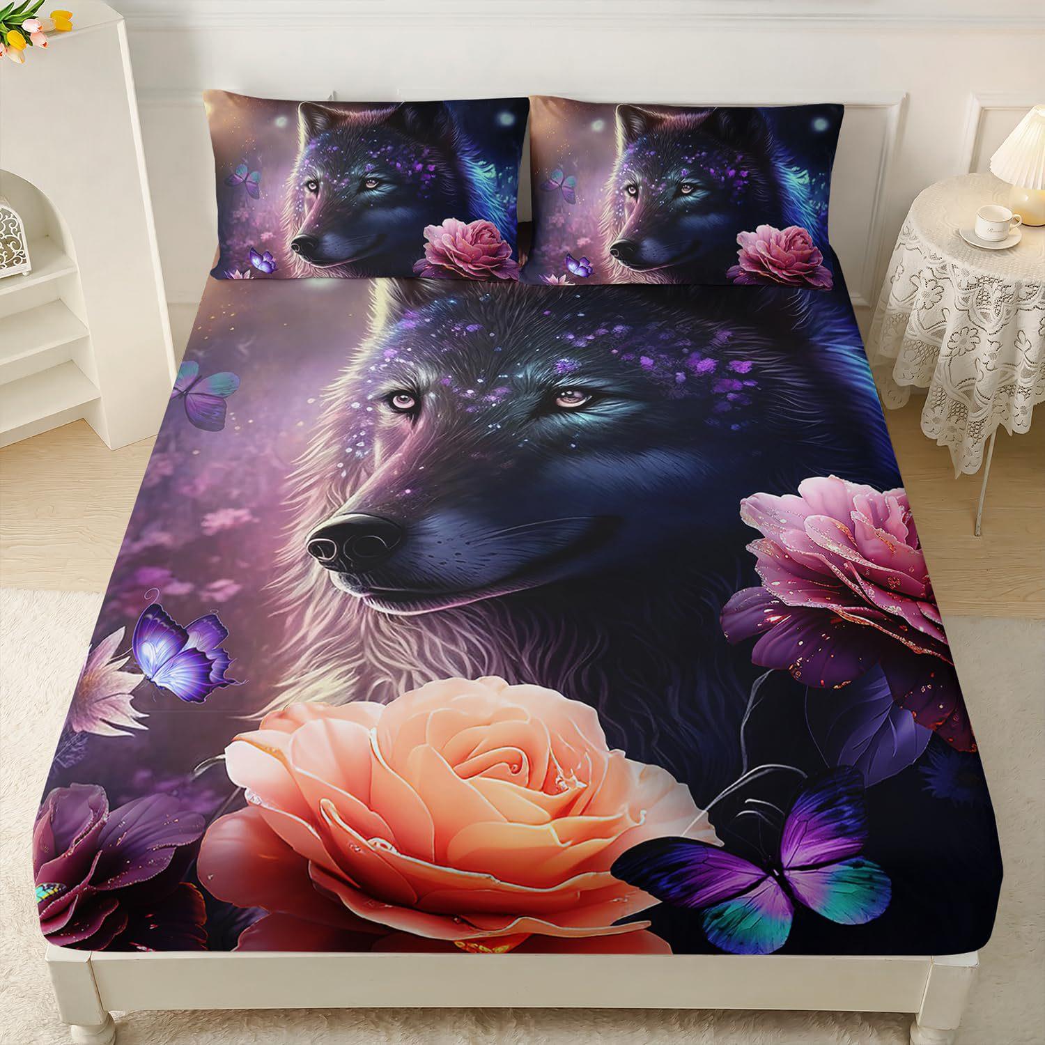 Bettlaken-Set mit Wolf-Tierdruck, mit 30 cm tiefem Taschen, weiche Mikrofaser-Bettwäschelaken für Einzel- und Doppelbettgröße 90x200cm Deep 30cm von Joom DACH