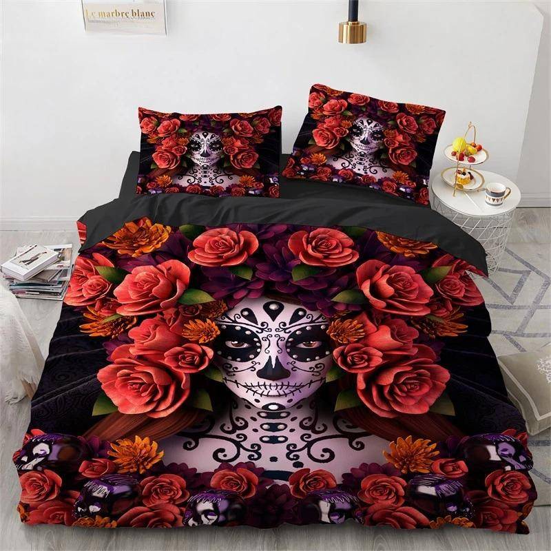 Bettwäsche-Set 200x200cm Skull Girl Schwarz Braut Mikrofaser Bettbezug Kissenbezug mit Reißverschluss, Einzel- Doppelbett Luxus Geschenk 135x200cm von Joom DACH