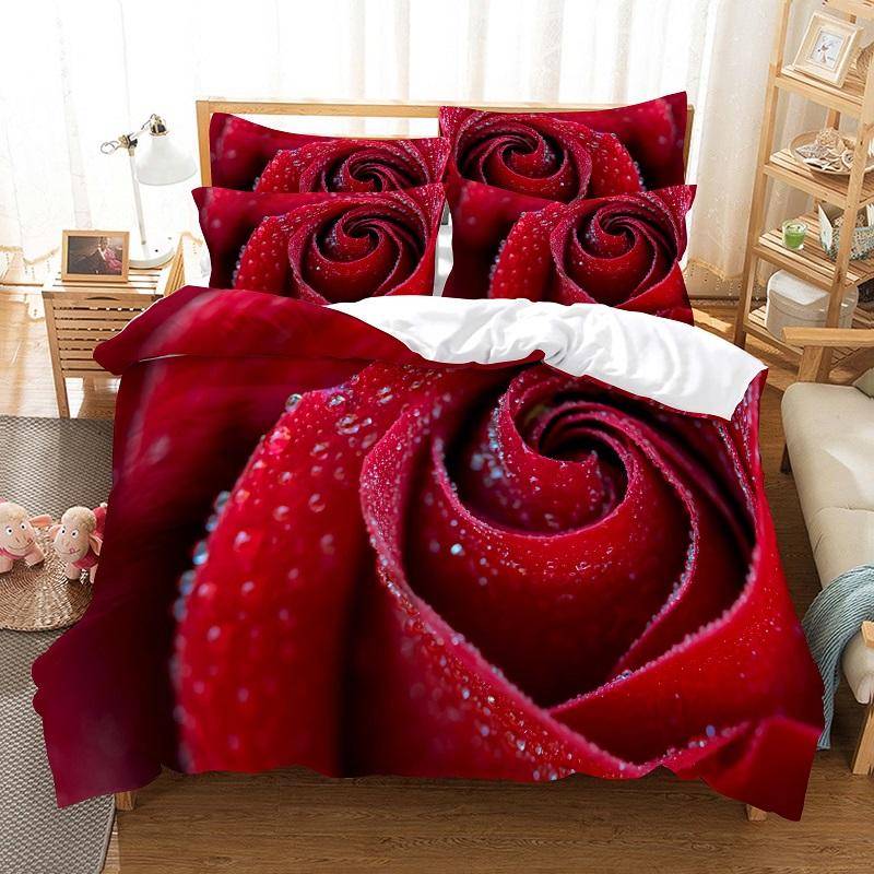 Bettwäsche-Set mit roter Rose, Bettbezug, 3D-Bettwäsche, Digitaldruck, Bettwäsche, Queen-Size-Bettwäsche-Set, Modedesign EU single(135x200cm) von Joom DACH