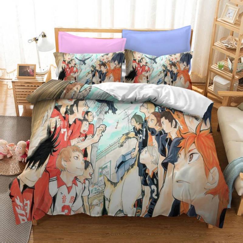 Bettwäscheset mit Cartoon-Anime Haikyuu, 3D-Druck, Volleyball, für Jungen, Bettbezug-Set, Einzel- und Doppel-Luxusbettwäsche für Kinder, Teenager, Geschenk cot size 70x133cm von Joom DACH