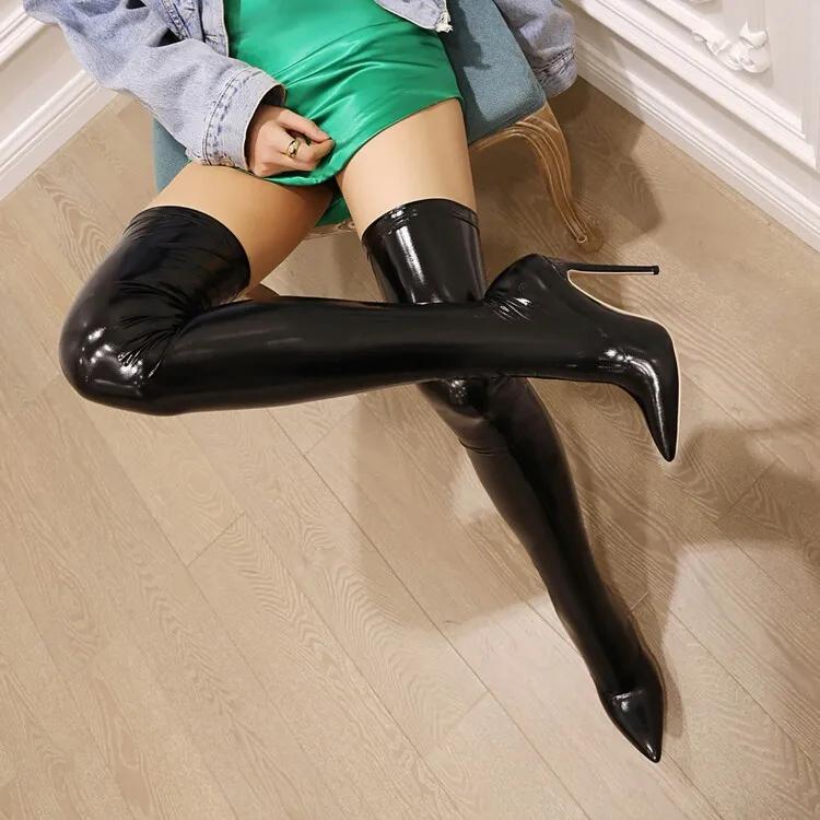 Big Plus Damen Stretch Overknee Stiefel Schwarz Weiß Rot Stiletto Heels Schlanke Damen Lange Hohe Stiefel Party Schuhe 46 von Joom DACH