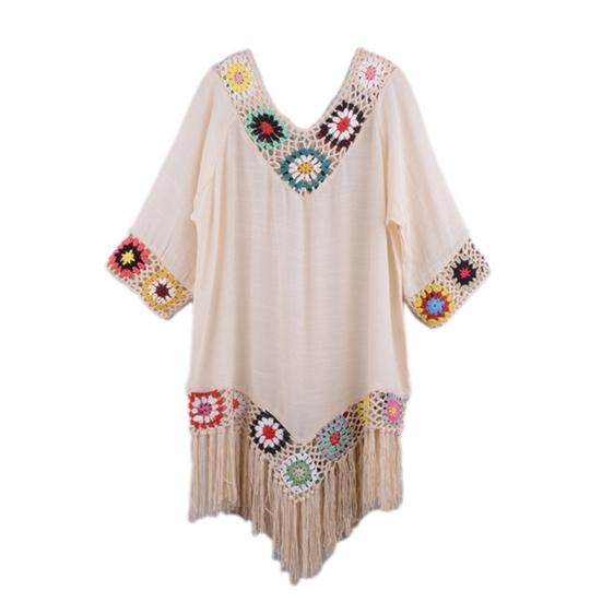 Bikini-Vertuschung, ausgehöhlt, gehäkelt, Patchwork, locker sitzende Sonnenschutz-Bademode-Tunika apricot von Joom DACH