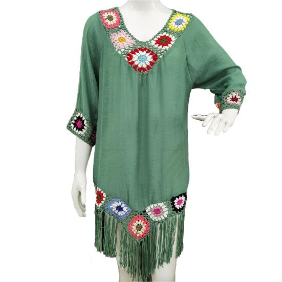 Bikini-Vertuschung, ausgehöhlt, gehäkelt, Patchwork, locker sitzende Sonnenschutz-Bademode-Tunika grün von Joom DACH