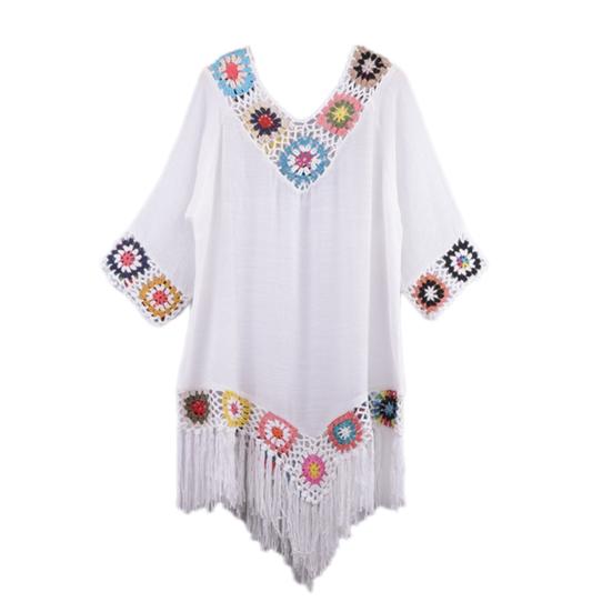 Bikini-Vertuschung, ausgehöhlt, gehäkelt, Patchwork, locker sitzende Sonnenschutz-Bademode-Tunika weiß von Joom DACH