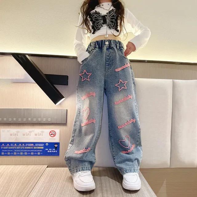 Blaue Frühlings-Jeans für Teenager-Mädchen mit Sternen und Handtuch-Stickerei, modische, weite lange Hosen, Baggy-Jeans für Kinder, Mädchen 140cm blau von Joom DACH