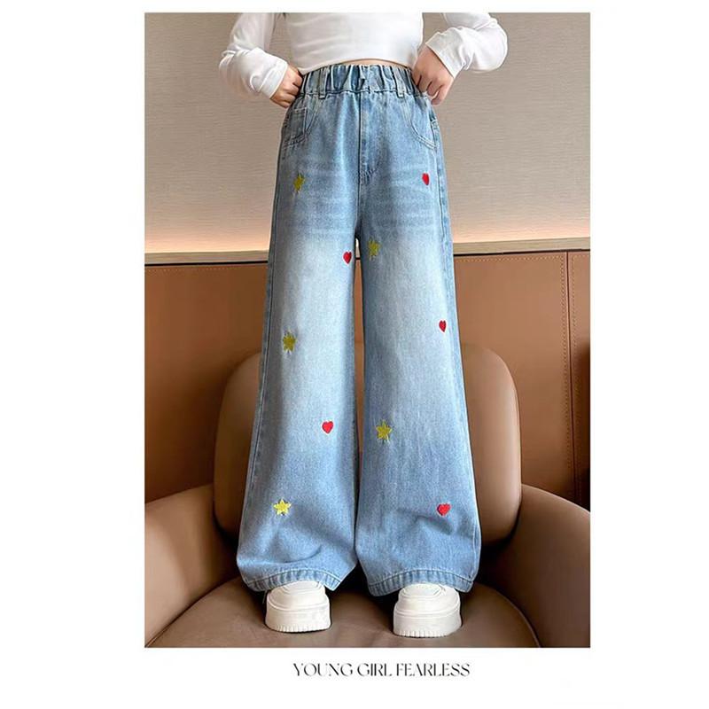 Blaue Frühlings-Jeans für Teenager-Mädchen mit Sternen und Handtuch-Stickerei, modische, weite lange Hosen, Baggy-Jeans für Kinder, Mädchen 160cm von Joom DACH