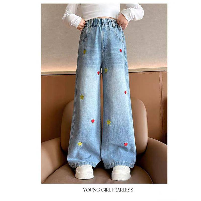 Blaue Frühlings-Jeans für Teenager-Mädchen mit Sternen und Handtuch-Stickerei, modische, weite lange Hosen, Baggy-Jeans für Kinder, Mädchen 160cm von Joom DACH