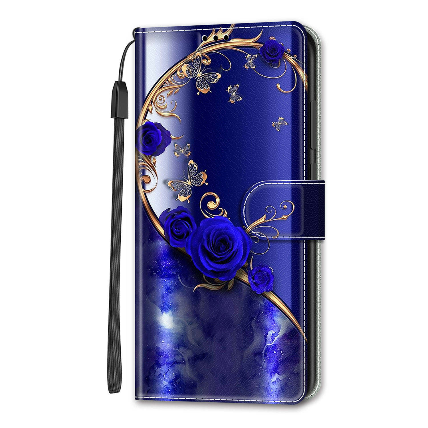 Blaue Rose Goldener Schmetterling PU Leder Brieftasche Flip Fotorahmen Buchhülle für iPhone Samsung Huawei Honor Xiaomi Redmi Oppo Sony Motorola Nokia Google Samsung Galaxy A20 blau von Joom DACH