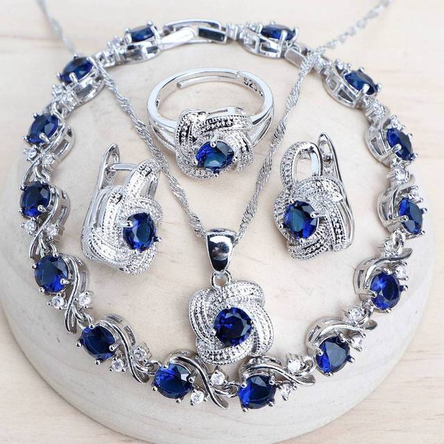 Blaue Zirkonia Damen-Schmucksets aus 925er Sterlingsilber, Hochzeit, Brautschmuck, Ohrringe, Ringe, Armbänder, Anhänger, Halskette resizable von Joom DACH